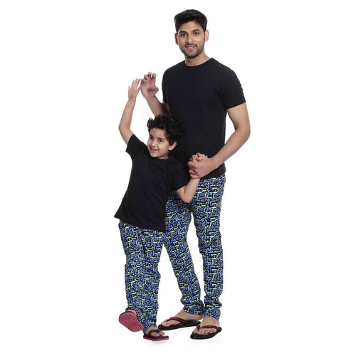 Black and blue Printed Matching Dad & Son Pyjamas