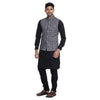 Grey Printed Piping Detail Bandi With Black Kurta Pyjama For Men