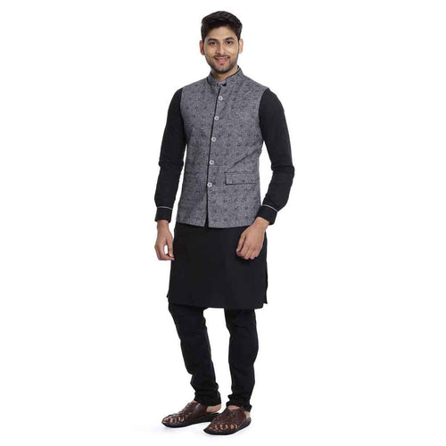 Grey Printed Piping Detail Bandi With Black kurta Pyjama Matching Set For Dad & Son