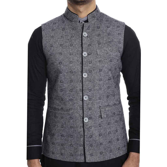 Grey Printed Piping Detail Bandi With Black Kurta Pyjama For Men