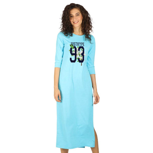 Aqua blue printed high slit long knitted top for mom daughter dresses