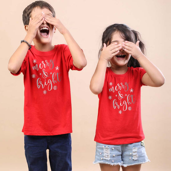 Festive Merry  and bright, brother and sister  tees