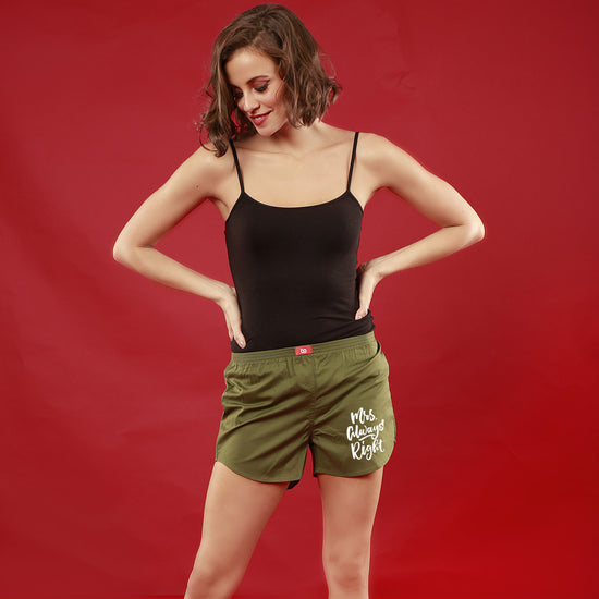 Mr. & Mrs. Right Perfectly Matching Olive Green Boxers For Women