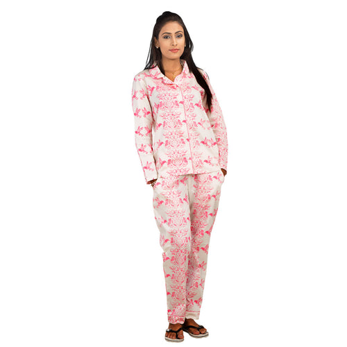 Birds of paradise print white and pink Sleepwear set