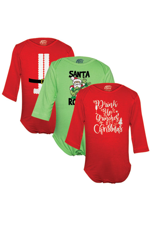 Santa graphic print assorted pack of three babysuits
