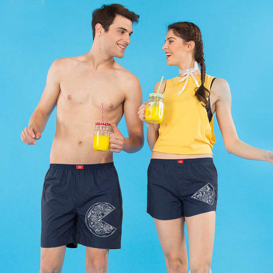 Pizza Love, Matching Navy Blue Couple Boxers