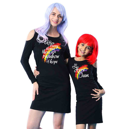 Rainbow Matching Cold Shoulder Dresses For Mom And Daughter