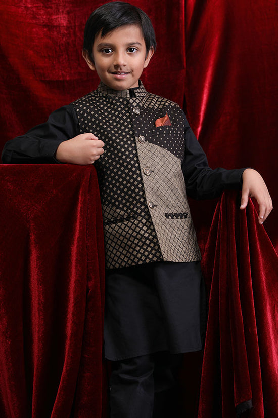 Gold Printed Bandi With Black Kurta & Pyjama Set For Son