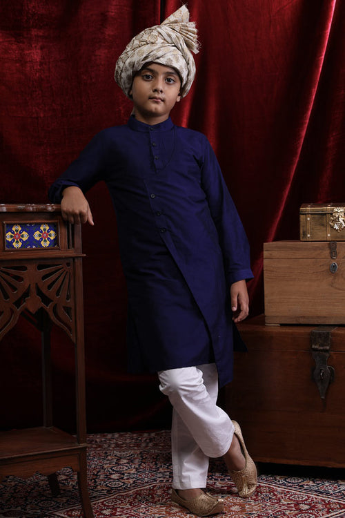 Asymmetric Layered Navy Blue Kurta & Pyjama Set For Son