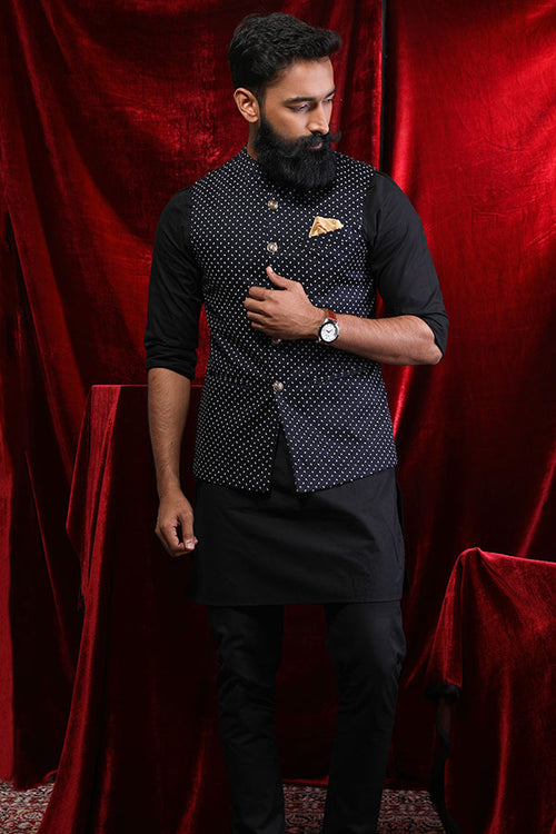 Navy Blue Printed Bandi With Black Kurta & Pyjama Matching Set for Dad & Son