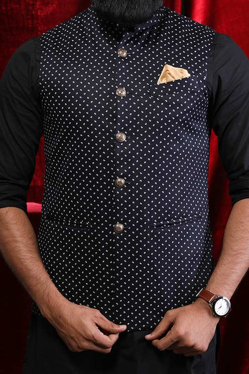 Navy Blue Printed Bandi With Black Kurta & Pyjama Matching Set for Dad & Son