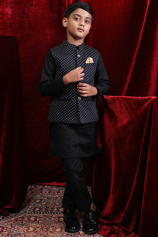 Navy Blue Printed Bandi With Black Kurta & Pyjama Set For Son