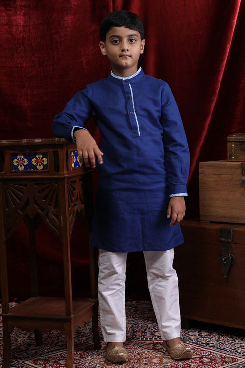 Contrast Piping Blue Linen Kurta & Pyjama Set For Son