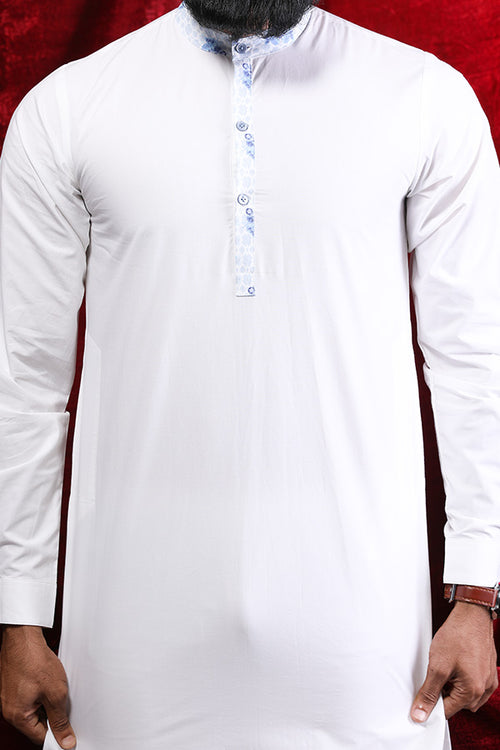 Contrast Floral Placket White Kurta & Pyjama Matching Set for Dad & Son