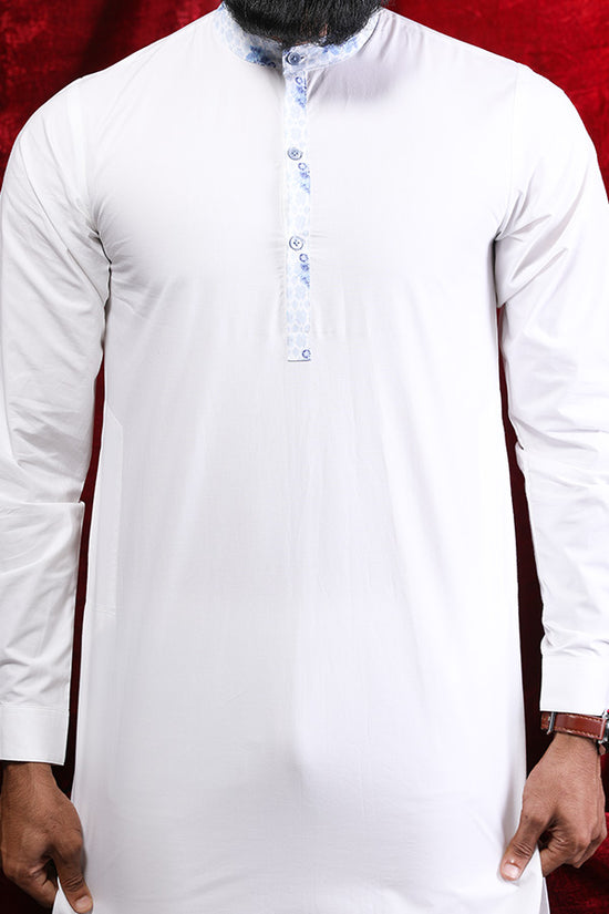 Contrast Floral Placket White Kurta & Pyjama For Men