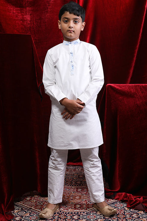 Contrast Floral Placket White Kurta & Pyjama For Boy