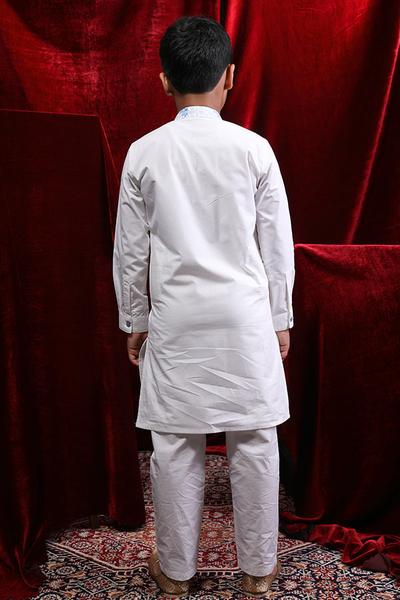 Contrast Floral Placket White Kurta & Pyjama For Boy