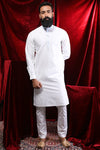 Contrast Floral Placket White Kurta & Pyjama For Men