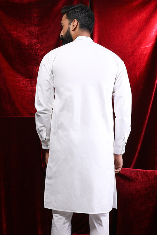 Contrast Floral Placket White Kurta & Pyjama Matching Set for Dad & Son