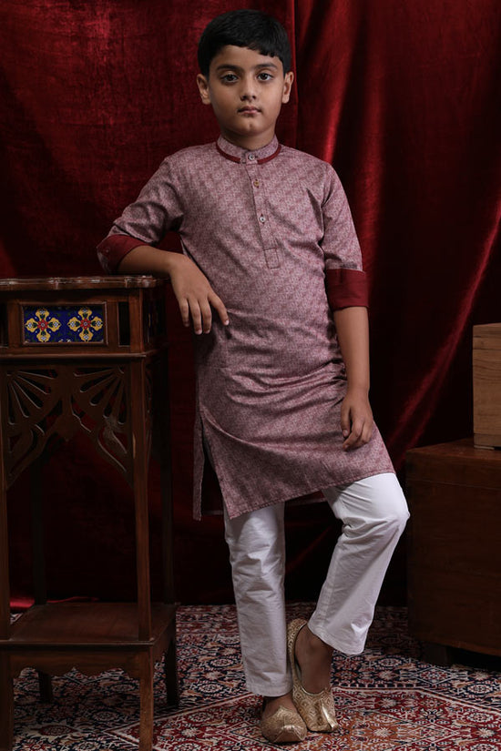 Printed Maroon Kurta & Pyjama Set For Son