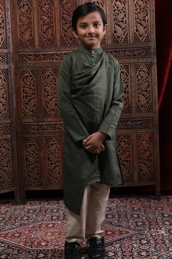 Olive Green Linen Layered Cowls Kurta & Pyjama Set For Son