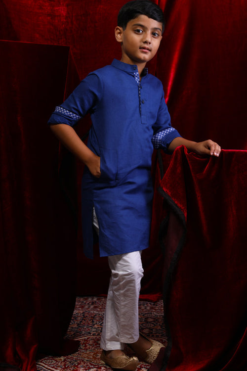 Contrast Placket Blue Linen Kurta & Pyjama Set For Son