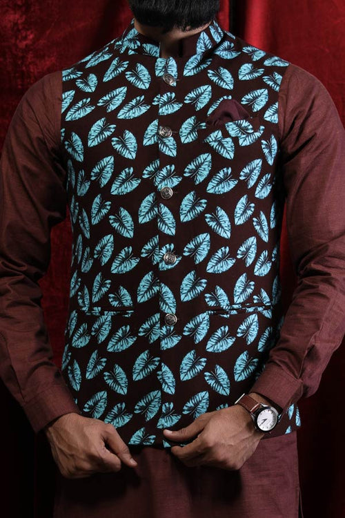 Tropical Print Bandi With Dark Brown Kurta Matching Set Dad & Son