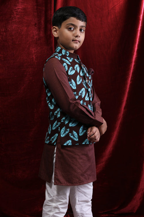 Tropical Print Bandi With Dark Brown Kurta Set For son