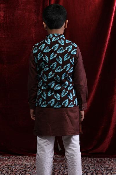 Tropical Print Bandi With Dark Brown Kurta For Boy