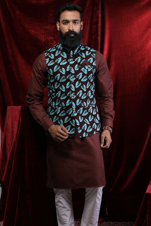 Tropical Print Bandi With Dark Brown Kurta Matching Set Dad & Son