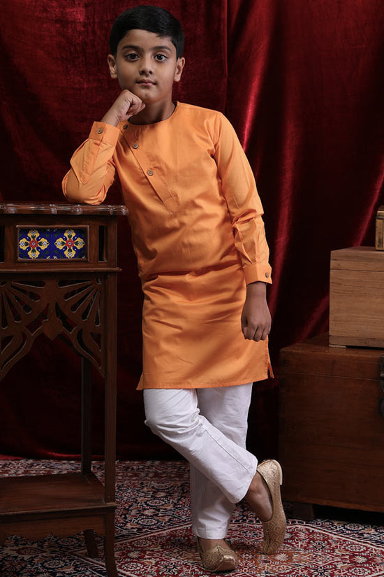 Orange Stylised Placket Kurta & Pyjama Set For Son