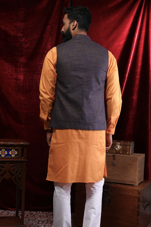 Textured Bandi With Orange Kurta & White Pyjama Set For Dad & Son