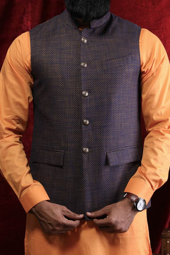 Textured Bandi With Orange Kurta & White Pyjama For Men