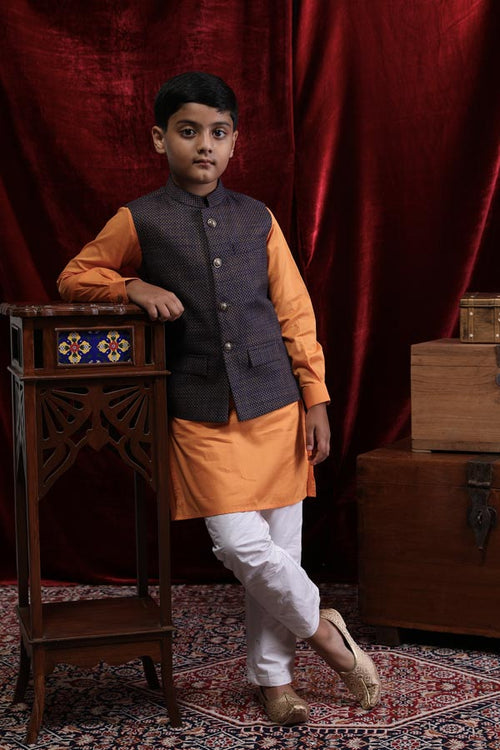 Textured Bandi With Orange Kurta & White Pyjama For Boy