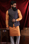 Textured Bandi With Orange Kurta & White Pyjama For Men