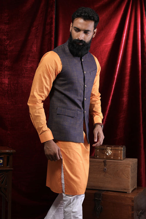 Textured Bandi With Orange Kurta & White Pyjama Set For Dad & Son