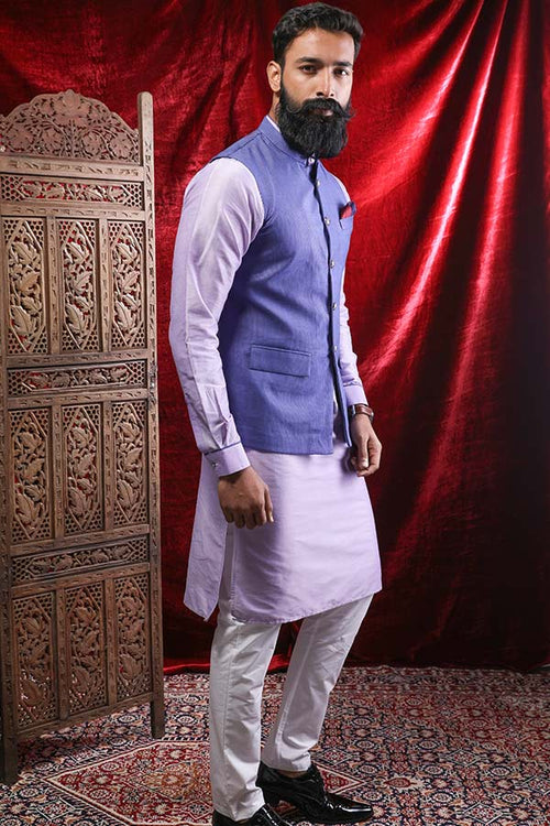 Dark Voilet Bandi With Light Purple Cotton Silk Kurta & Pyjama Matching Set For Dad & Son