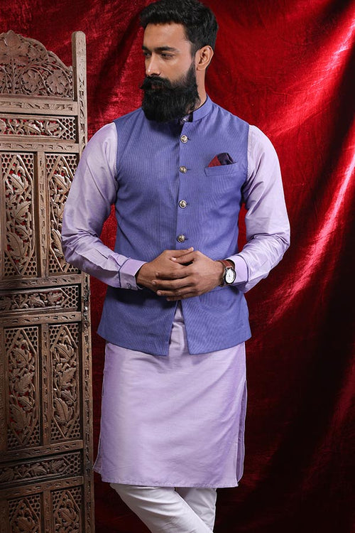 Dark Voilet Bandi With Light Purple Cotton Silk Kurta & Pyjama Matching Set For Dad & Son