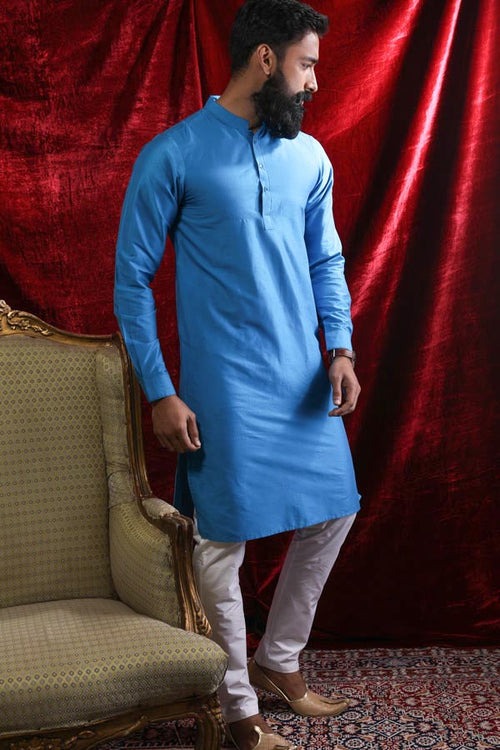 Aqua Blue Silk Kurta & Pyjama Matching Set For Dad & Son