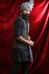 Textured Olive Green Bandi With Black Kurta & Pyjama For Men