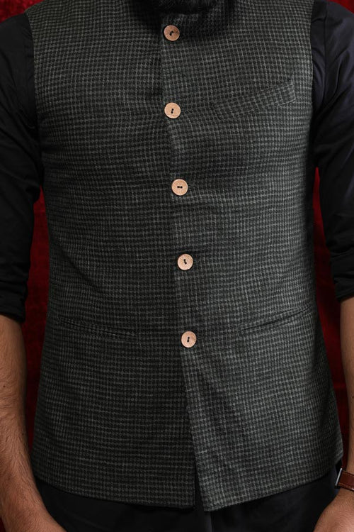 Textured Olive Green Bandi With Black Kurta & Pyjama Matching Set For Dad & Son