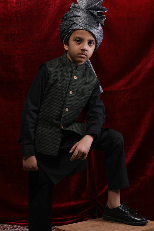 Textured Olive Green Bandi With Black Kurta & Pyjama For Boy