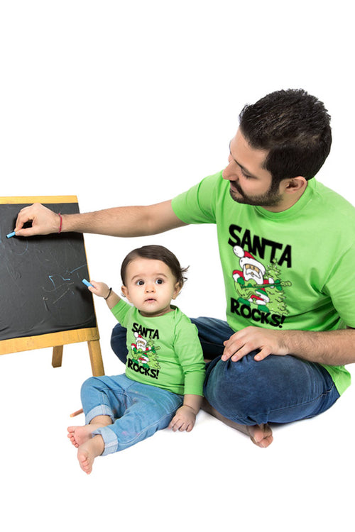 Santa Rocks, Dad And Baby Bodysuit And Tee