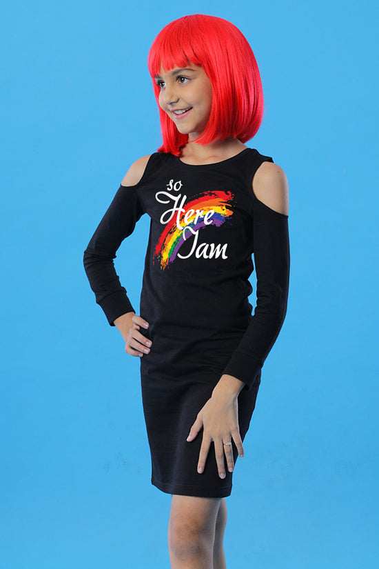 Rainbow Matching Cold Shoulder Dresses For Daughter