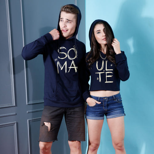 Soul Mate, Navy Blue Matching Hoodie And Crop Hoodie For Couples