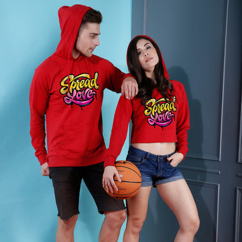 Spread Love, Matching Red Hoodie For Men And Crop Hoodie For Women