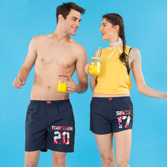 Together Since, Personalize  Matching Navy Blue Couple Boxers
