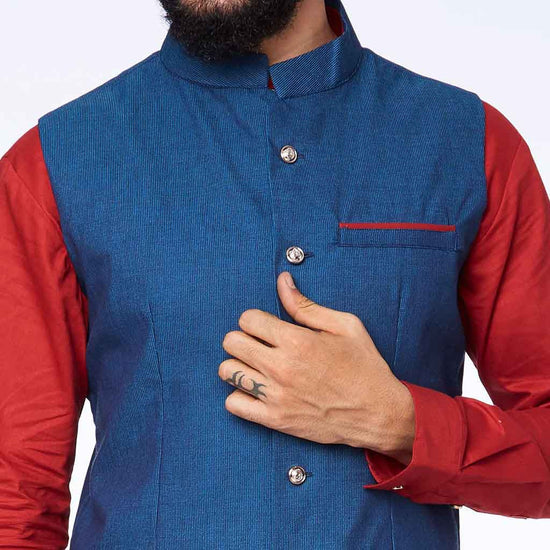 Blue bandi and Red Kurta-salwar set for father son