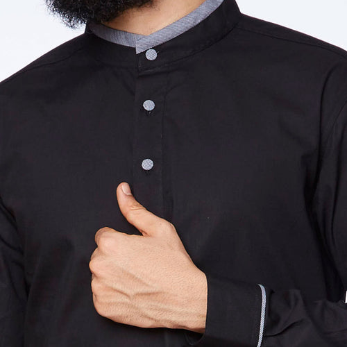 Black contrast collar and cuff kurta/pyjama set for father son