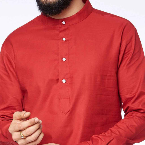 Red kurta white pyjama set for father son